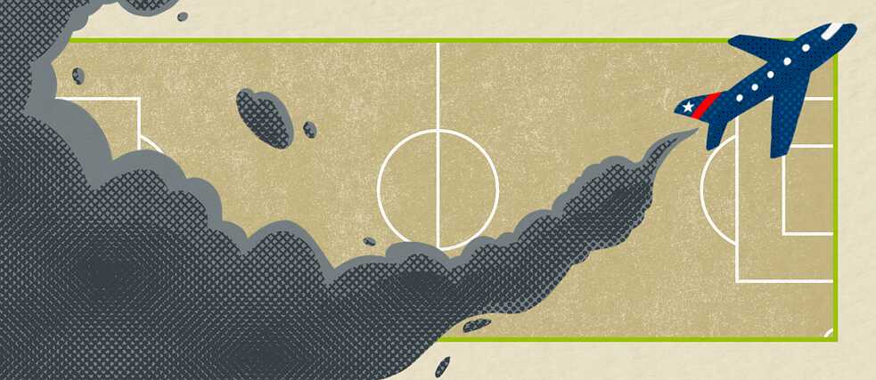 An illustration of an airplane flying over a soccer field and leaving a dark trail of exhaust behind it. 