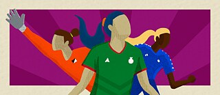 Illustration showing three soccer players on a dark purple background.