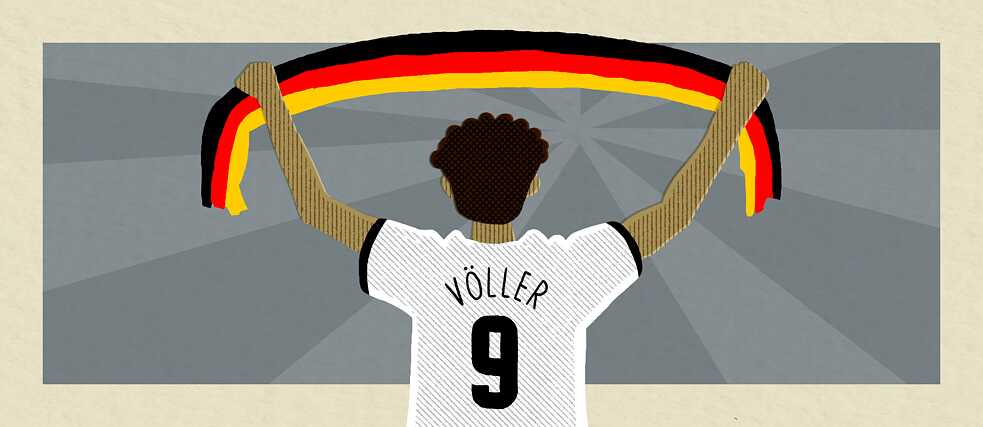 An illustration of a person seen from behind, holding up a scarf in the colors of the German flag.