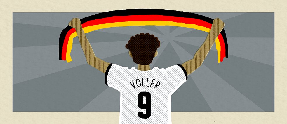 Grafik einer Person von hinten, die einen Schal in Deutschlandfarben nach oben hält.