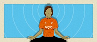 Illustration d'une personne en méditation, vêtue d'un haut portant l'inscription « Focus », assise en tailleur, les mains posées sur les genoux. Des cercles de plus en plus grands se dessinent autour d'elle.