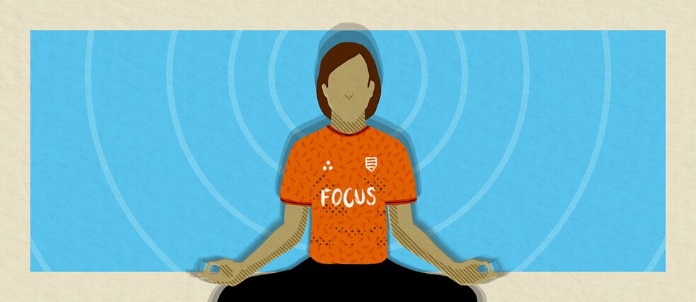 An illustration of a person meditating, wearing a top with the word “Focus” on it, sitting cross-legged with their hands on their knees. Circles of increasing size are forming around the person.