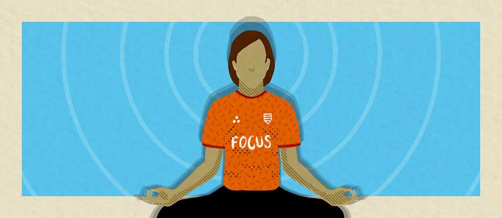 An illustration of a person meditating, wearing a top with the word “Focus” on it, sitting cross-legged with their hands on their knees. Circles of increasing size are forming around the person.