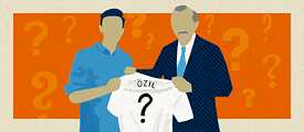 Grafik zweier Personen, die zusammen ein Trikot halten, auf dem der Name des deutschen Nationalspielers Özil steht. 