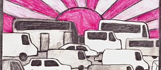 a drawing of a sunrise in pink and a traffic jam