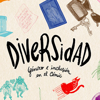 Ilustración en estilo cómic con fondo azul que destaca las palabras “diversidad”, “género” y “cómic”, promoviendo la inclusión y la equidad de género en el arte gráfico.