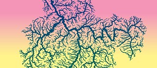 Das Visual zeigt einen Flussverlauf mit vielen Verzweigungen aus Vogelperspektive. Das ganze Visual ist in Rosa und Gelb gefärbt.