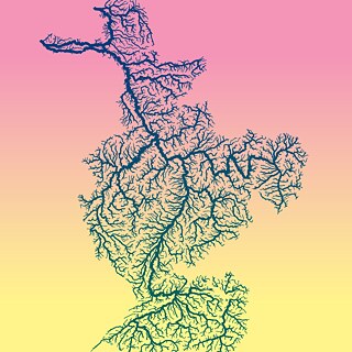 Das Visual zeigt einen Flussverlauf mit vielen Verzweigungen aus Vogelperspektive. Das ganze Visual ist in Rosa und Gelb gefärbt.