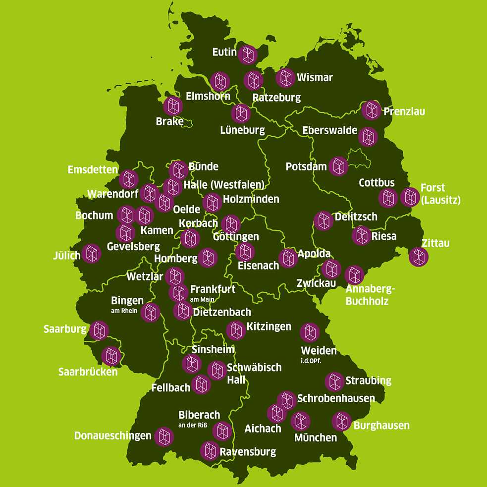 Graphic map of Germany with the locations of the information centres marked on it