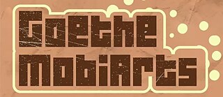 Graphic illustration featuring the text “Goethe MobiArts” in large, block-style letters. The lettering is dark brown with a light glowing outline. The background is a warm beige tone with a subtle textured appearance. Several light-colored circular shapes are scattered around the text, resembling bubbles or dots. The overall design has a retro, textured style.