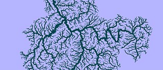 Das Visual zeigt einen Flussverlauf mit vielen Verzweigungen aus Vogelperspektive. Das ganze Visual ist in Blau und Lila gefärbt.