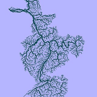 Das Visual zeigt einen Flussverlauf mit vielen Verzweigungen aus Vogelperspektive. Das ganze Visual ist in Blau und Lila gefärbt.