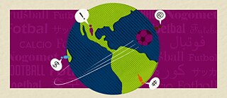 An illustration of the globe with speech bubbles depicting a variety of punctuation marks