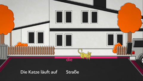 Screenshot einer Animation, die die Grenzüberschreitung als Entscheidungsprinzip für Akkusativ und Dativ bei der Wechselpräposition auf zeigt (nach Scheller, 2009).