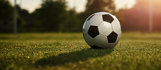 Detail eines Fußballplatzes, mit einem Fußball im Fokus
