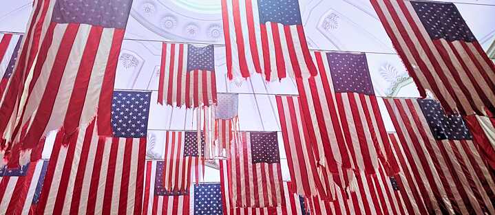 Photograph of the 2017 exhibition "A Living Thing: Flag Exchange", a collection of 50 flags at at the NYC Federal Hall National Monument