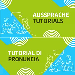 Graphik in Grün und Hellblau mit zweisprachigem Schriftzug Aussprachetutorials / Tutorial di pronuncia