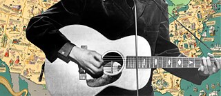 Grafik mit einer alten Karte amerikanischer Volkslieder sowie einem Schwarz-Weiß-Detail einer nicht identifizierten Person, die Gitarre spielt.