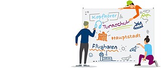 Illustration: Eine Gruppe Jugendlicher schreibt an eine Tafel