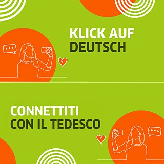 Graphik in Grün/Orange mit zweisprachigem Schriftzug Klick auf Deutsch / Connettiti con il tedesco