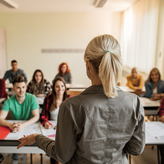 Rückansicht auf eine Lehrerin, die zu Schülern der Sekundarstufe im Klassenraum spricht.