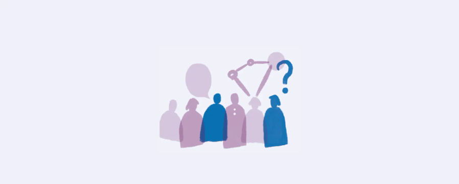 Abstract illustration of a small group of simplified human silhouettes in blue and purple tones, with a connected node diagram and a question mark above them on a light gray background, suggesting collective inquiry, discussion, or shared uncertainty in a group context