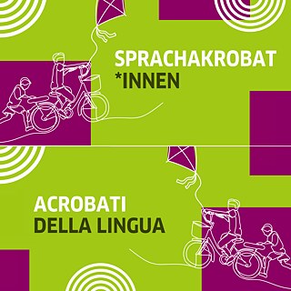 Graphik in Grün und Violett mit zweisprachigem Schriftzug Sprachaktobat*innen / Acrobati della lingua