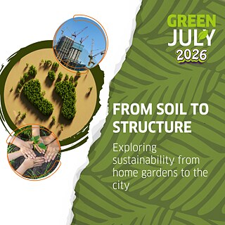Veranstaltungsgrafik für „From Soil to Structure“. Pflanzen bilden die Form eines Fußabdrucks neben einem Baukran und verbinden die Themen Hausgartenbau, Stadtentwicklung und Nachhaltigkeit. Der Titel „From Soil to Structure“ verweist auf den Zusammenhang zwischen persönlichen Umweltpraktiken und den Materialien, aus denen unsere Städte gebaut sind. 