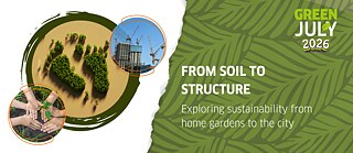 Veranstaltungsgrafik für „From Soil to Structure“. Pflanzen bilden die Form eines Fußabdrucks neben einem Baukran und verbinden die Themen Hausgartenbau, Stadtentwicklung und Nachhaltigkeit. Der Titel „From Soil to Structure“ verweist auf den Zusammenhang zwischen persönlichen Umweltpraktiken und den Materialien, aus denen unsere Städte gebaut sind.