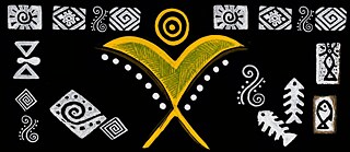 Planta amarela estilizada com símbolos tradicionais sobre fundo preto.
