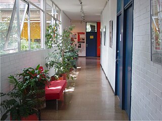 Corredor del instituto iluminado por la luz del sol.