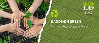 Veranstaltungsgrafik für „Hands-On Green!“. Mehrere Hände pflanzen gemeinsam einen jungen grünen Setzling in die Erde. Rechts stehen der Titel „Hands-On Green!“ und der Untertitel „Planting, Recycling and More!“. Das Motiv steht für gemeinsames Gärtnern, Nachhaltigkeit und Umweltbildung. 