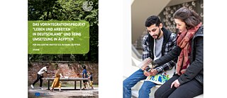 Ein Titelbild einer Studie des Goethe-Instituts zum Projekt „Leben und Arbeiten in Deutschland“, das links Menschen beim Tischtennisspiel im Freien und rechts zwei Personen beim gemeinsamen Lesen einer Broschüre zeigt.