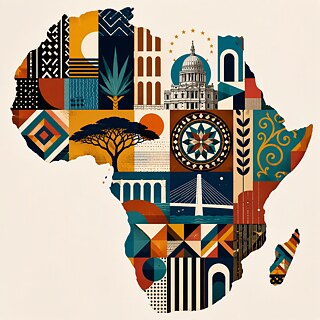 Zeitgenössische, farbenfrohe Illustration des afrikanischen Kontinents. Innerhalb der Afrika-Silhouette verbinden sich moderne geometrische Formen, afrikanisch inspirierte Muster und europäische Designelemente. Kräftige Blau-, Türkis-, Orange- und Goldtöne stehen für kulturellen Austausch, Innovation, Vielfalt und internationale Zusammenarbeit zwischen Afrika und Europa.