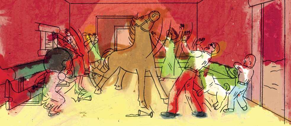 Eine Szene aus dem Comic Saloon, in der ein Pferd im Wohnzimmer mit den Hufen scharrt und unter den Familienmitgliedern für Aufregung sorgt.