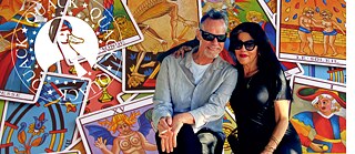 Ilustración collage de cartas de tarot y Pleasant Gehman con Larry Johnson y el logo de los Ramones Ducks.