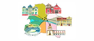 Illustration einer stilisierten Karte von Bukarest mit markanten Gebäuden, die deutsche kulturelle Spuren in der Stadt sichtbar machen.