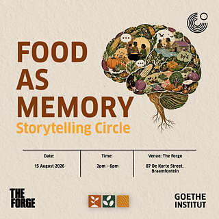 Promotional graphic for “Food as Memory: Storytelling Circle,” featuring a brain-shaped illustration filled with scenes of indigenous foods, farming, cooking, and community gatherings, symbolizing the connection between food, memory, and shared traditions.