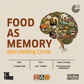 Promotional graphic for “Food as Memory: Storytelling Circle,” featuring a brain-shaped illustration filled with scenes of indigenous foods, farming, cooking, and community gatherings, symbolizing the connection between food, memory, and shared traditions.