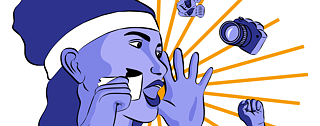 Illustrierte Person mit geöffnetem Mund, umgeben von Symbolen für Theater, Fotografie, Musik und Meinungsäußerung auf strahlenförmigem Hintergrund.