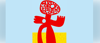 The statue The Dancer in red on a light blue background. 