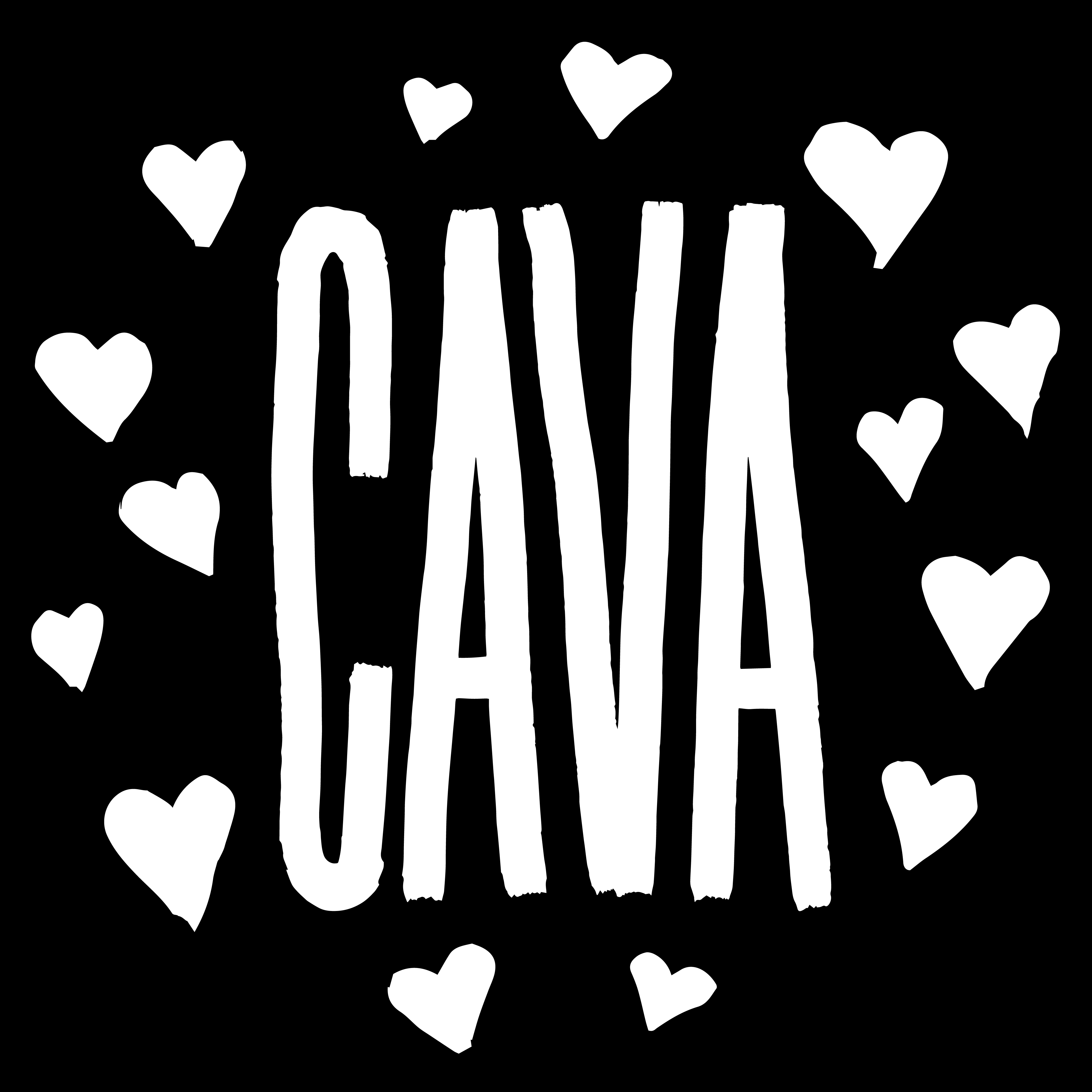 The name “CAVA” in all caps and white lettering on a black background, surrounded by small white heart motifs