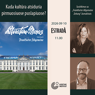 Visual der Podiumsdiskussion zu Kultur und Medien mit Porträts von zwei Gesprächsgästen.