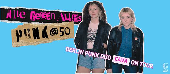 blue background and logo "PUNK@50" Alle Gegen Alles on the top left corner. A photo of the band members Mela and Peppi with white outline. 