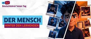 Banner für den 28. Deutschlehrer*innen Tag mit dem Titel „Der Mensch hinter den Lernenden“, das ein gespaltenes Gesicht eines animierten Jungen zeigt – links melancholisch neben Bildern von Frustration, rechts lächelnd neben Motiven von Erfolg und Lernfreude.