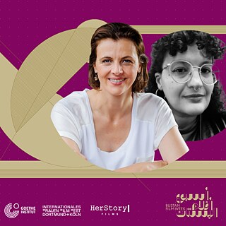 Ankündigungsbanner auf violettem Hintergrund für die Bustan Film Week mit Porträts zweier Frauen auf der rechten Seite sowie Partnerlogos und dem Veranstaltungslogo am unteren Rand.