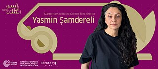 Ankündigungsbanner auf violettem Hintergrund für eine Masterclass mit der deutschen Regisseurin Yasmin Şamdereli im Rahmen der Bustan Film Week, das ihr Porträt rechts und verschiedene Veranstalterlogos unten zeigt.