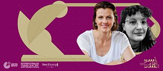 Ankündigungsbanner auf violettem Hintergrund für die Bustan Film Week mit Porträts zweier Frauen auf der rechten Seite sowie Partnerlogos und dem Veranstaltungslogo am unteren Rand.