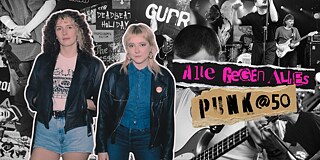 The band members of CAVA super imposed on a collage of pictures from the punk scene