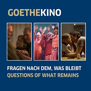 Banner für das GoetheKino mit drei Filmszenen und dem Titel „Fragen nach dem, was bleibt / Questions of What Remains“.